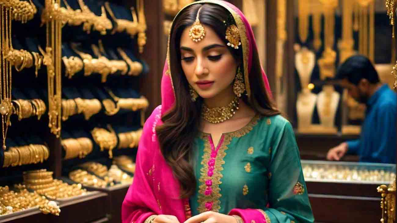 سونے کی قیمت میں نمایاں کمی A very beautiful Pakistani woman is buying gold jewelery from a gold shop.