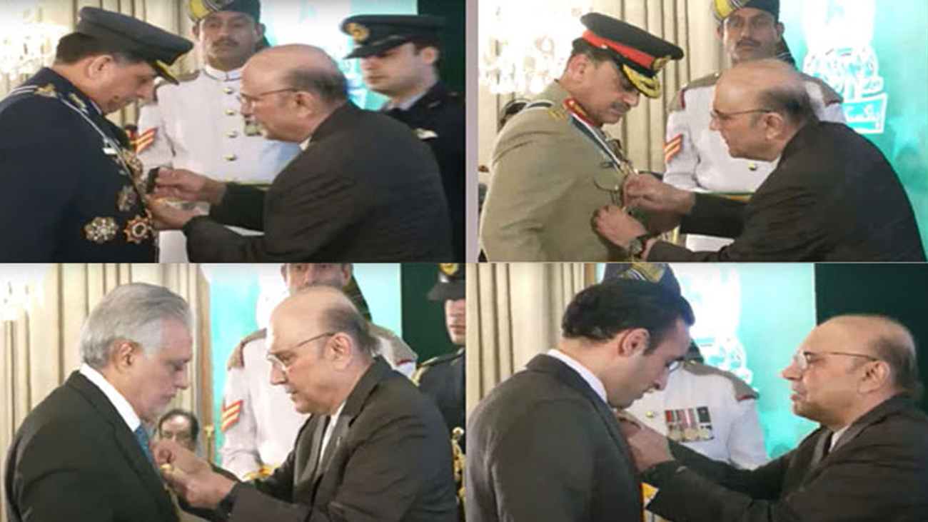 صدر مملکت آصف علی زرداری نے معرکہ حق میں شاندار کارکردگی و جرات کا مظاہرہ کرنے پر فیلڈ مارشل سید عاصم منیر کو ہلال جرات جبکہ وفاقی وزراء اور بلاول بھٹو کو نشان امتیاز سے نواز دیا۔