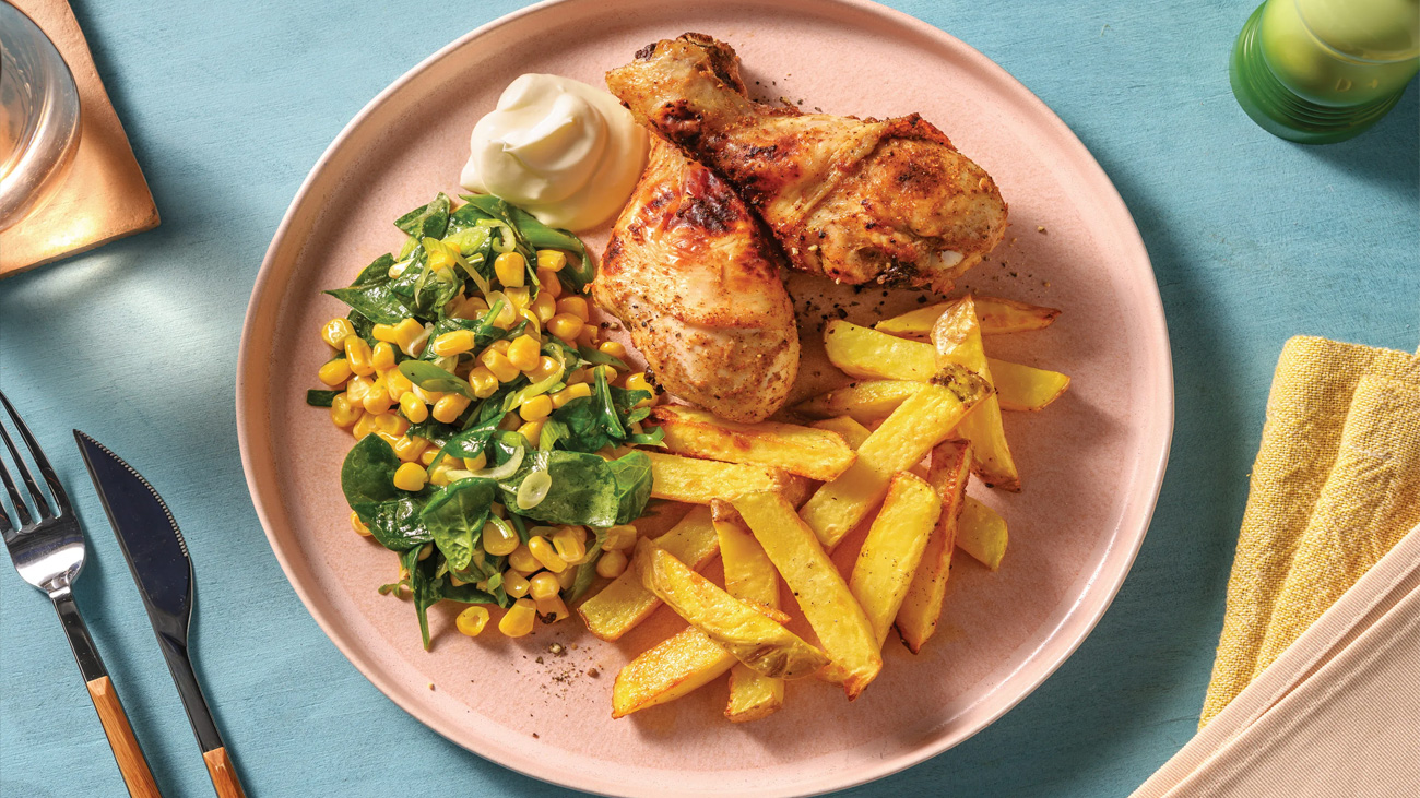 بیکڈ چکن، فرائز اور ویجیز (افطار ڈنر کے لیے)